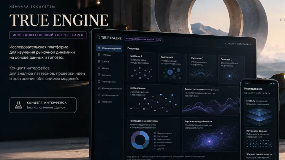 TRUE ENGINE — центральный экран в тёмном архитектурном пространстве с кольцом